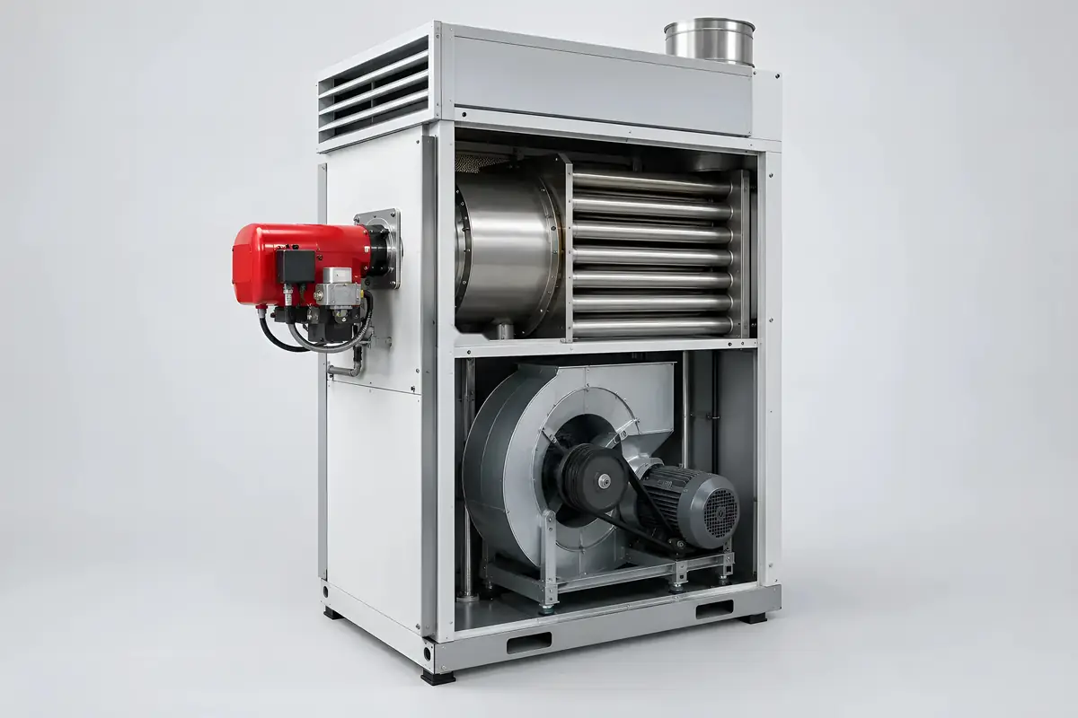 Sezione di un generatore d’aria calda: bruciatore, camera di combustione, scambiatore di calore e ventilatore